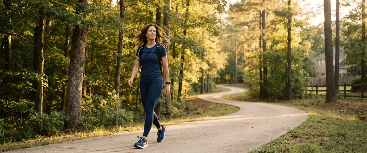 Confident fit American woman in her 40s walking on a sunny outdoor trail — representing energy and metabolic health restored