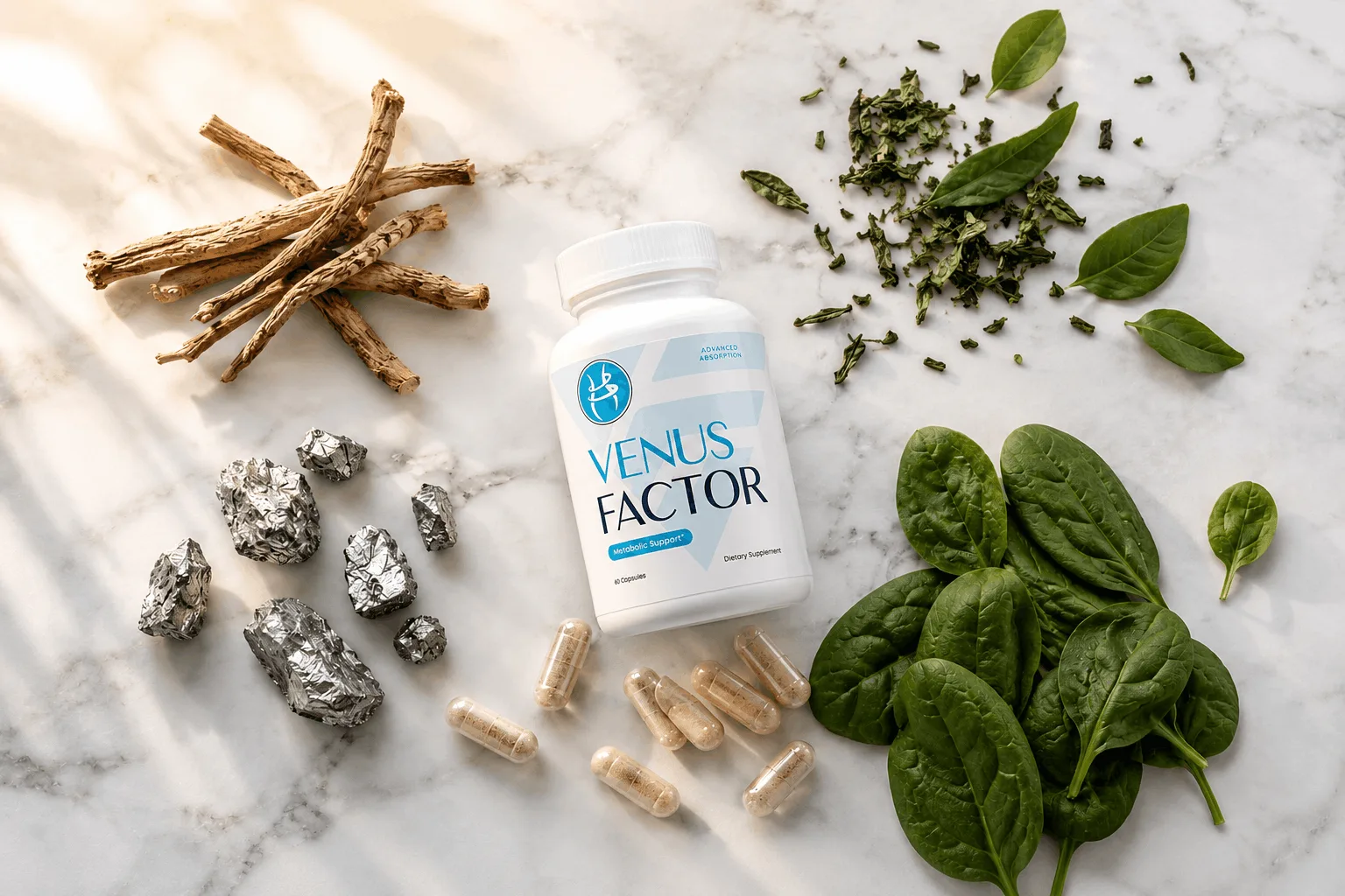 Venus Factor natural ingredients — ashwagandha, green tea, chromium, spinach and supplement capsules on marble