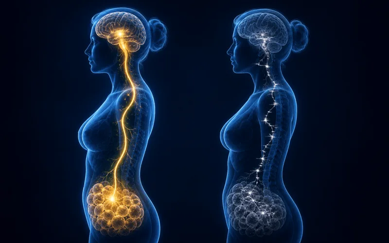 Leptin signaling vs leptin resistance in women — hormonal pathway illustration