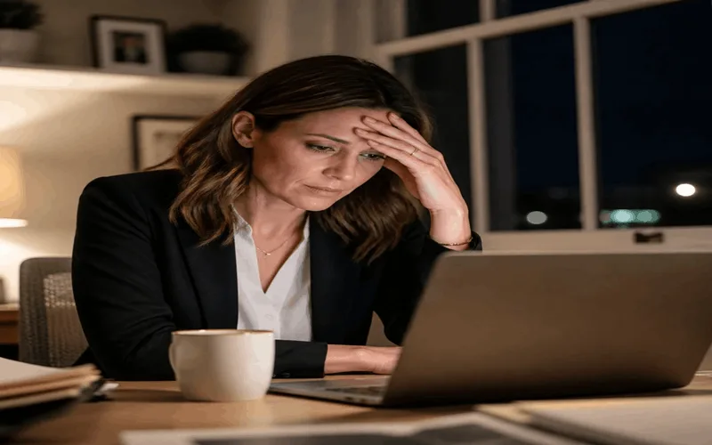 American woman in her 40s experiencing chronic stress at work — elevated cortisol and weight gain connection