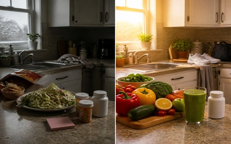 Before and after lifestyle transformation — unhealthy kitchen counter vs fresh healthy food and supplements